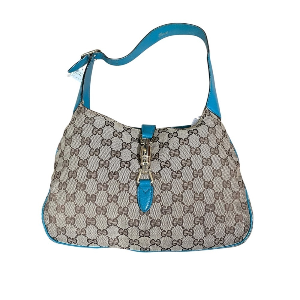 Gucci Jackie Vintage Blue Shoulder Bag with GG Monogram Pattern Size Small